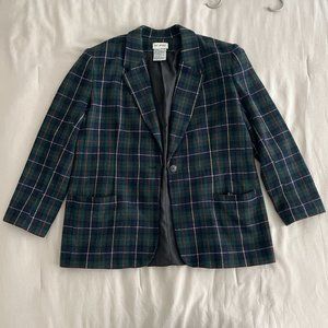 Vintage Wool White Stag Blazer | Navy & Green Plaid | Size 14